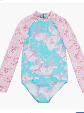 EUC Hurley x LoveShackFancy turquoise waves long sleeve swimsuit - Sz 4/5